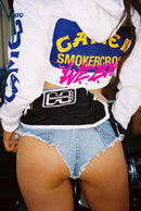 CAMEL PUFFED & BUFFED CROP PULLOVER WHITE HOODIE