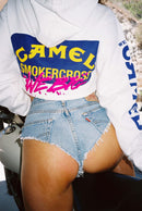 CAMEL PUFFED & BUFFED CROP PULLOVER WHITE HOODIE