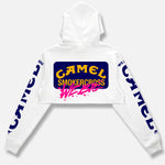 CAMEL PUFF & BUFFED CROP PULLOVER HOODIE WHITE